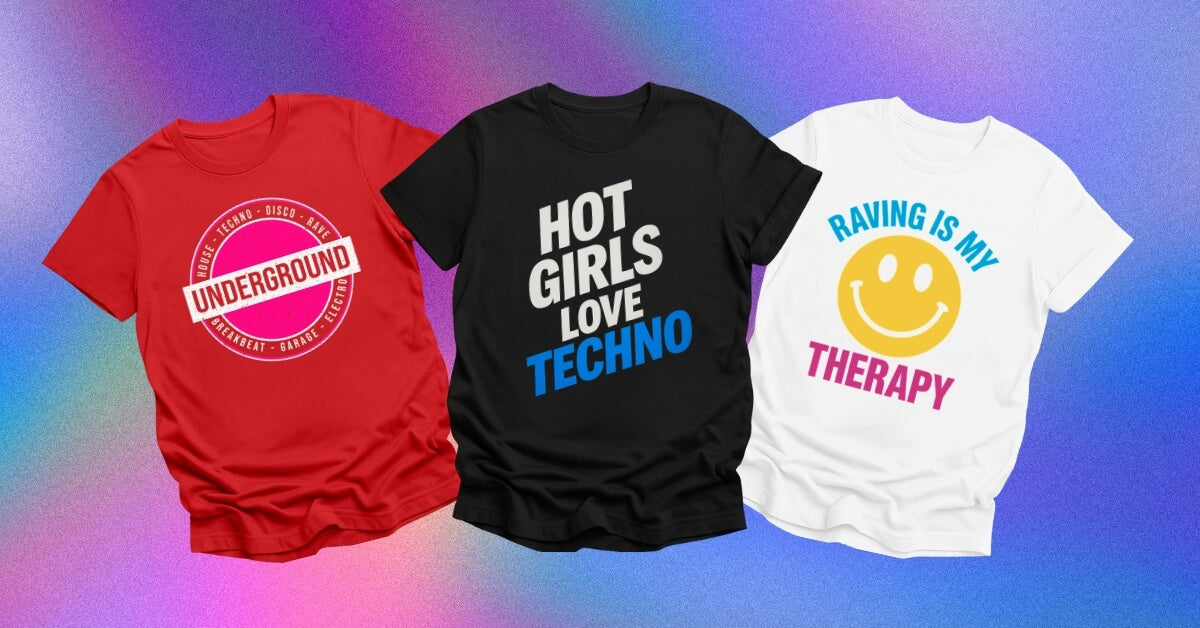 Exclusive Rave T-Shirts on a colorful background