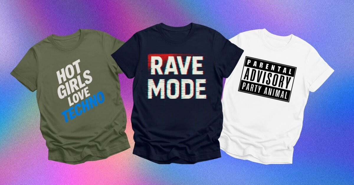 Funny Rave T-Shirt Designs on a colorful background