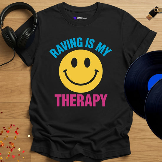 'Raving Is My Therapy', rave T-shirt in black, front view