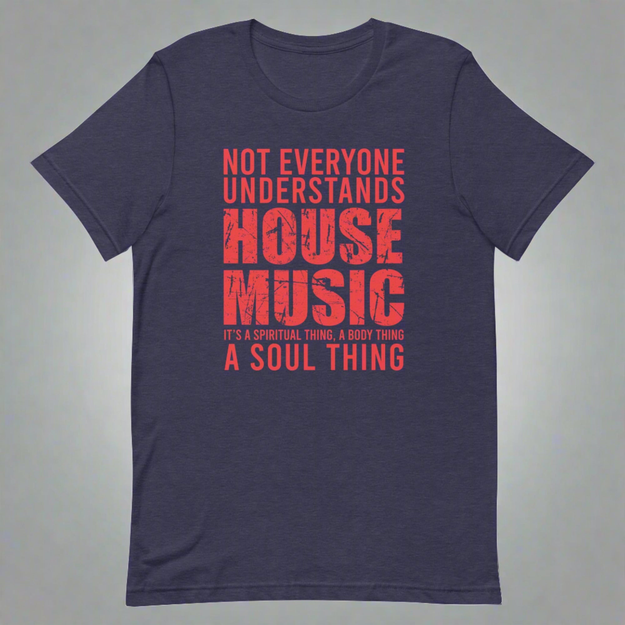 Unisex House Music T-shirt 'House Music Lover' design in heather midnight navy, front view