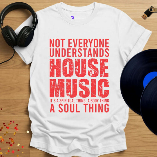 Unisex house music T-shirt, 'House Music Lover' design in white, front view
