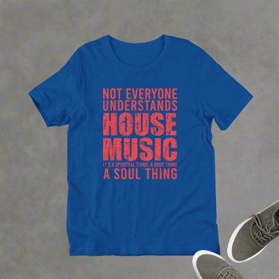 Unisex House Music T-shirt 'House Music Lover' design in true royal, front view