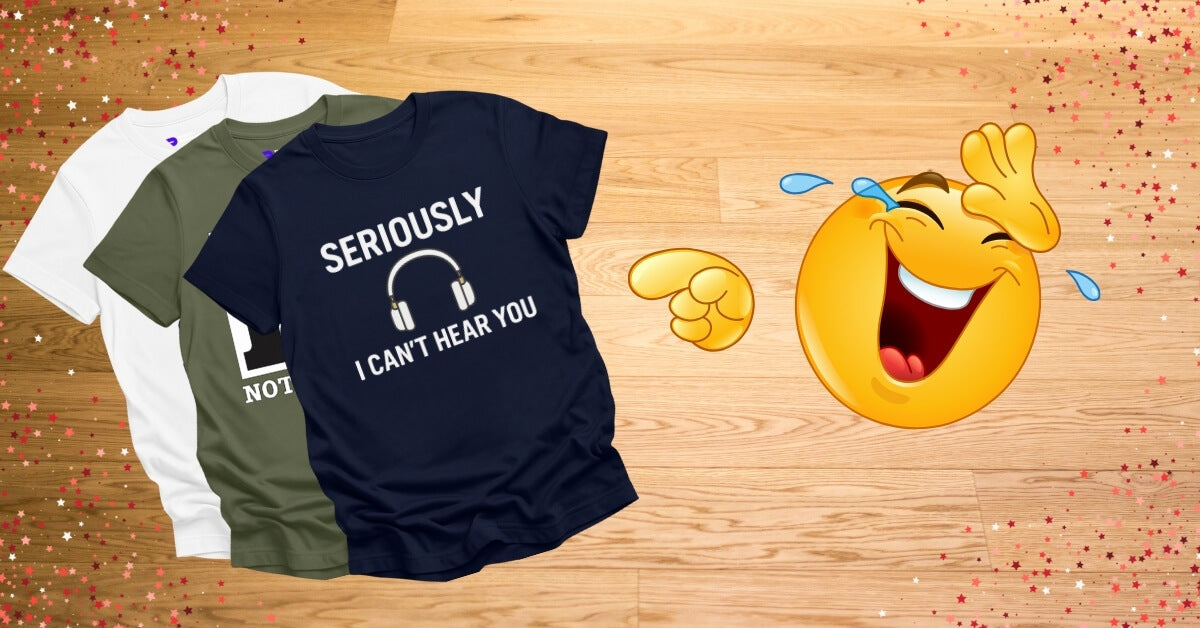 A laughing emoji pointing at DJ joke T-shirts
