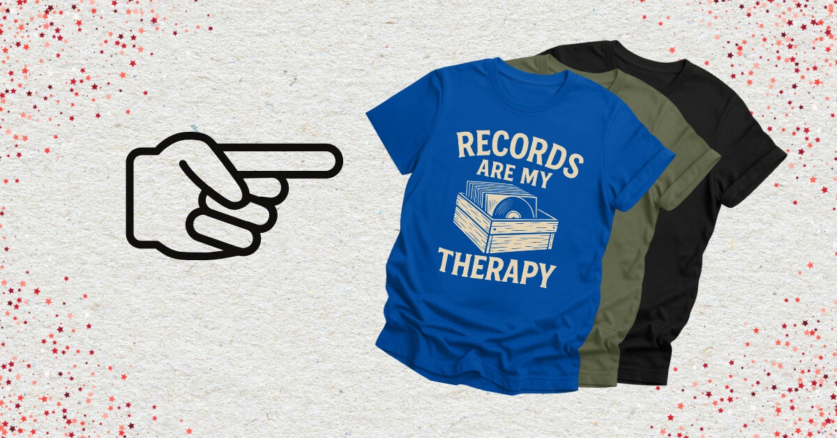 A finger pointing to Vinyl Record DJ Shirts