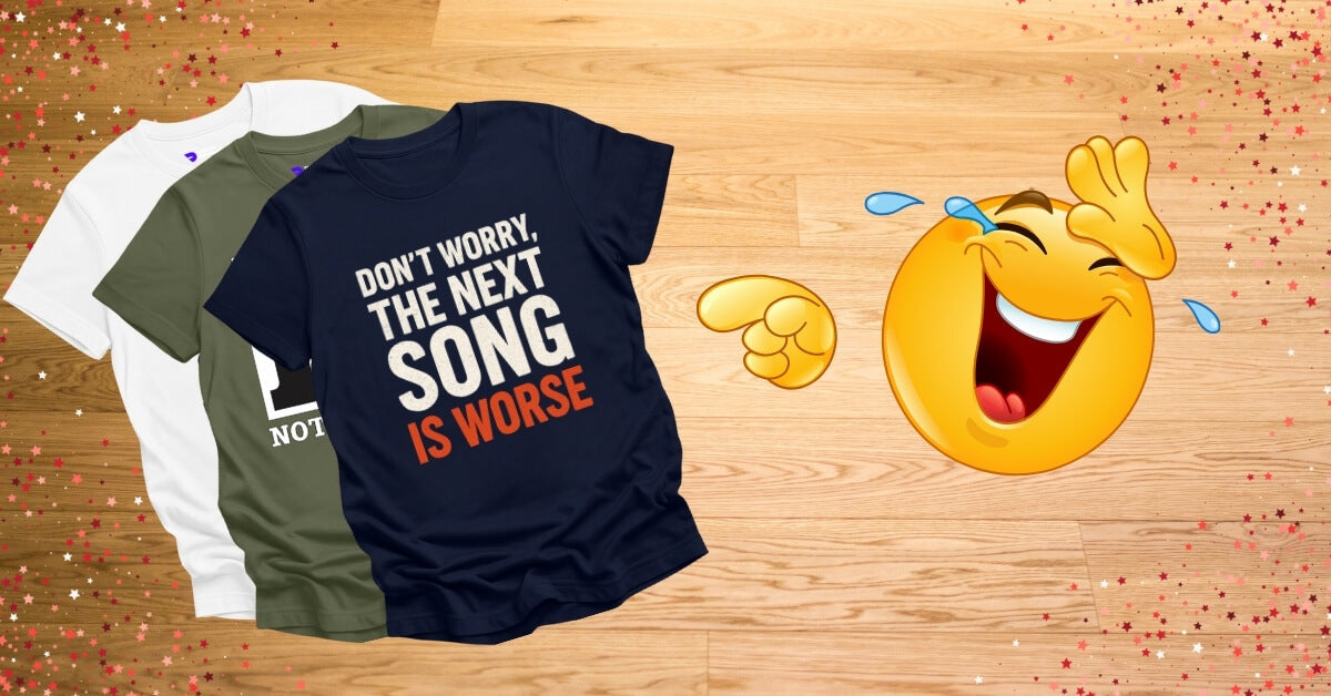A laughing emoji pointing at DJ joke T-shirts