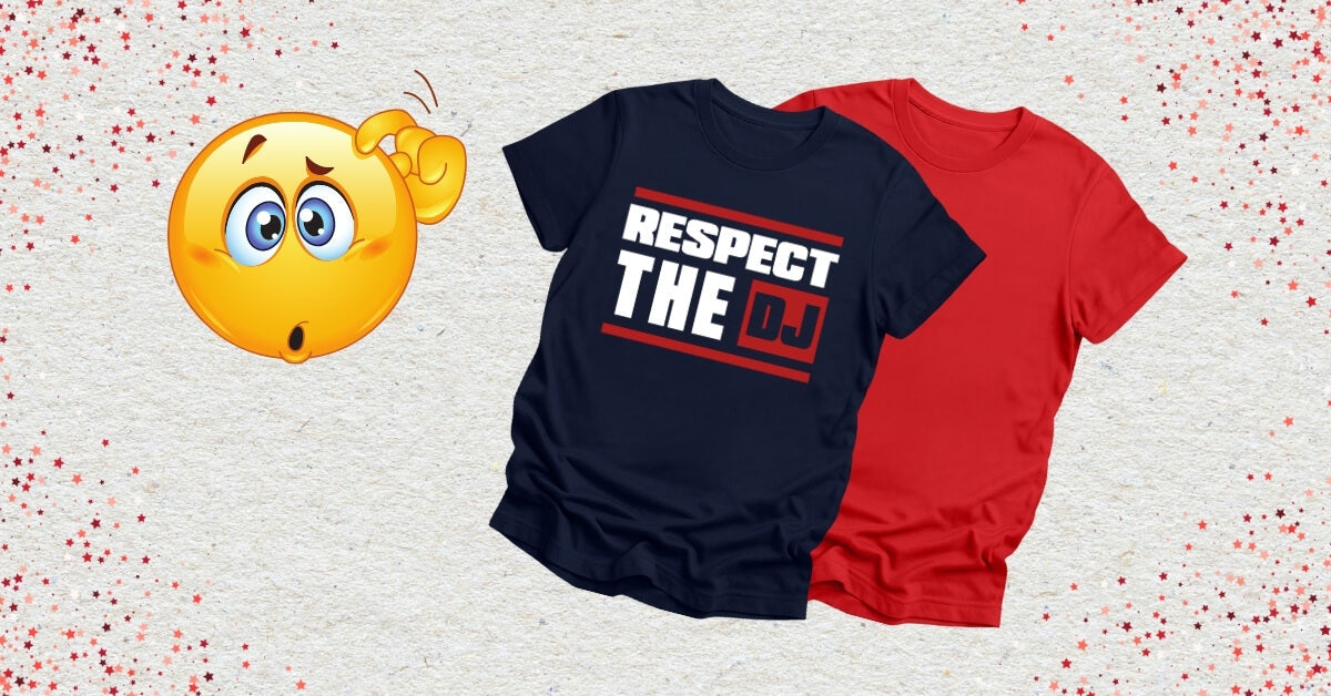 Confused emoji looking at DJ shirt slogans