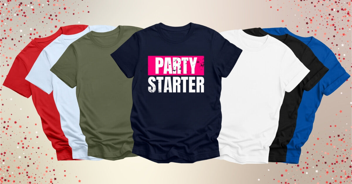 Photo showing a selection of DJ T-shirts, including Party Starter design