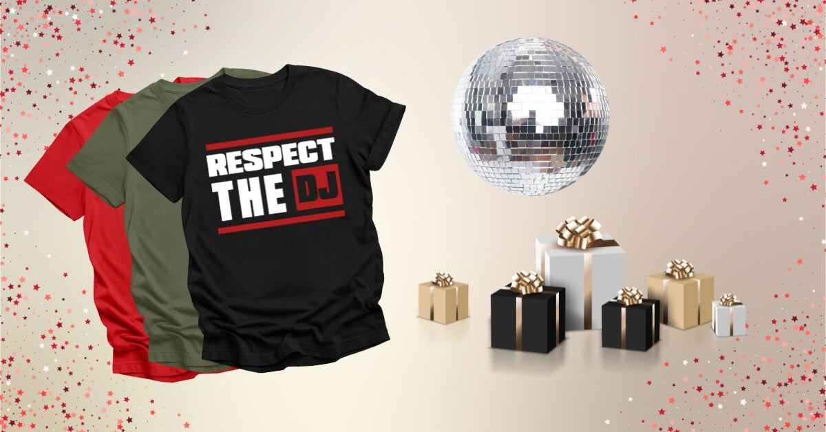 Photo of DJ T-Shirts next to a stack of presents