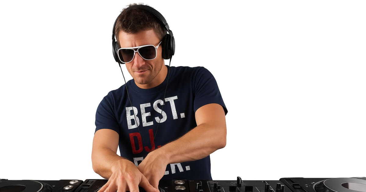 Photo of a guy wearing a funny DJ T-shirt