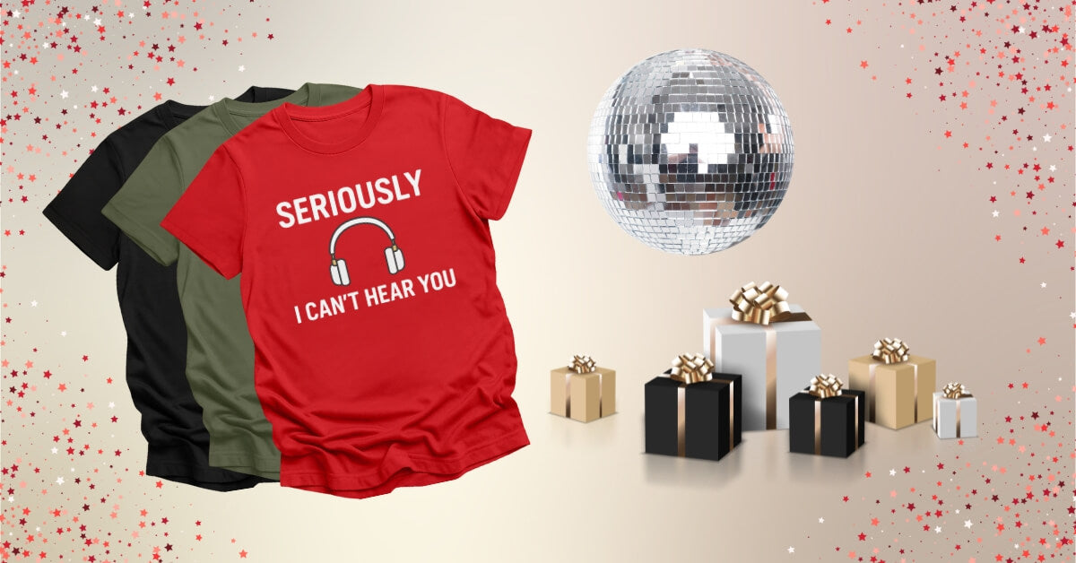 Photo of comedy DJ T-Shirts surrounded by presents