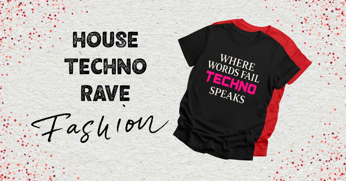Techno tee with words 'house techno rave'
