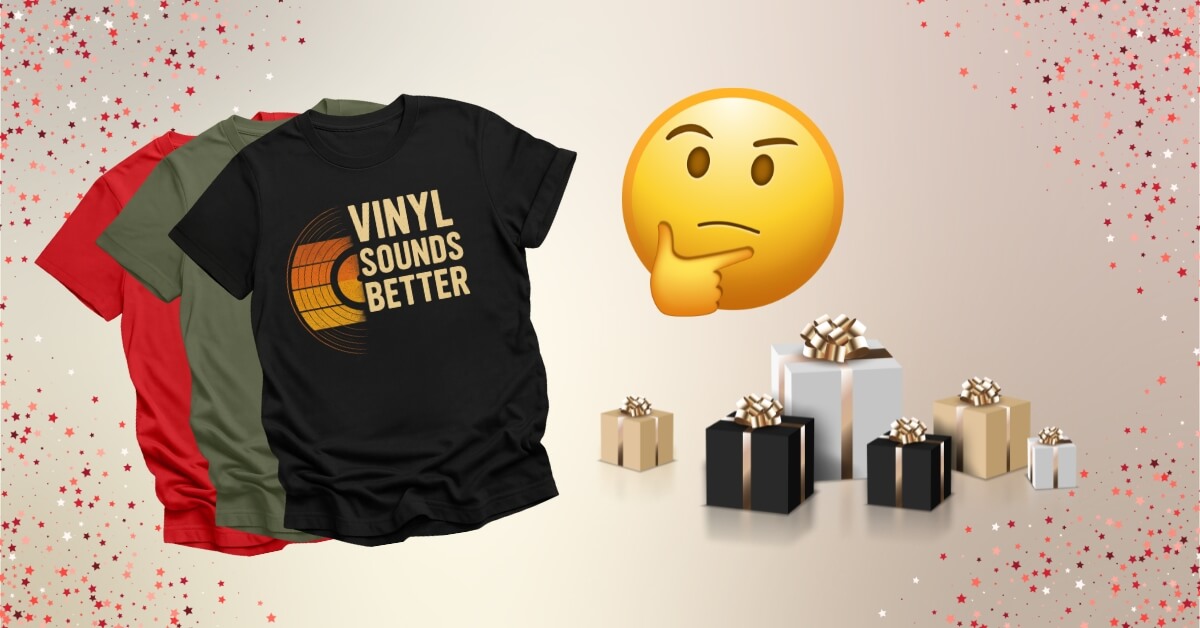 Vinyl DJ T-Shirts with presents and a thinking emoji