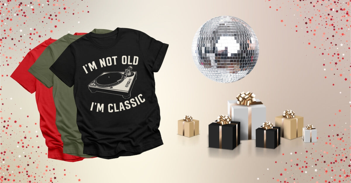 photo of DJ Humor T-Shirts with a stack of presents