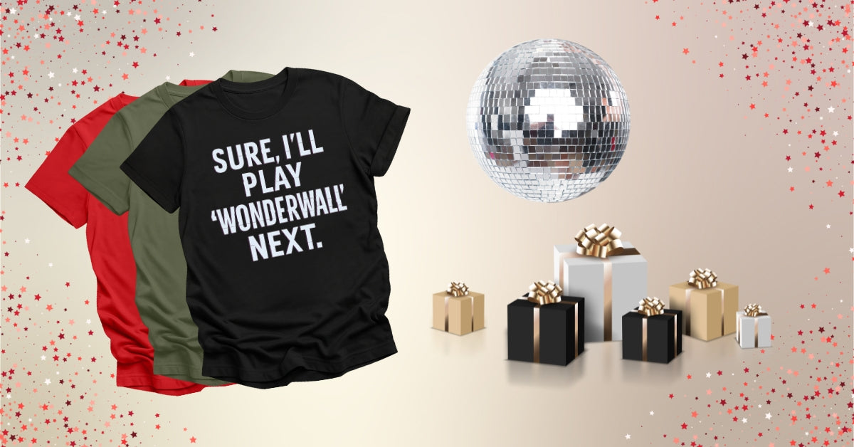 photo of ironic DJ shirts with a stack of presents