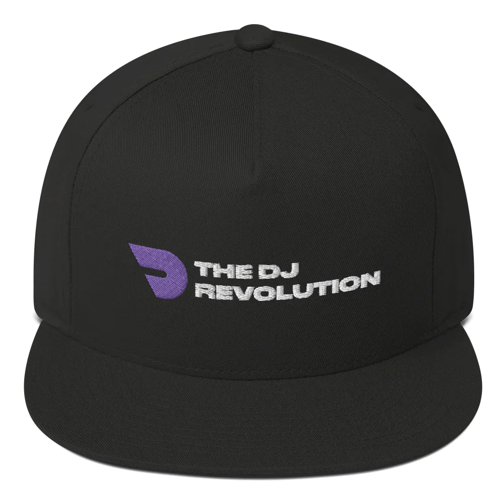 Embroidered Flat Bill DJ Cap in black, front view