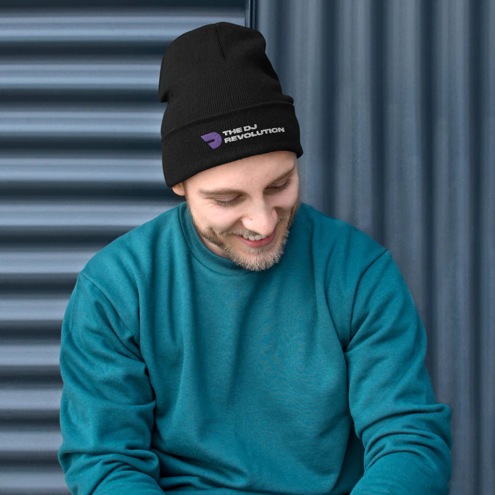 Knitted Embroidered Beanie, 'The DJ Revolution' design in black, front view