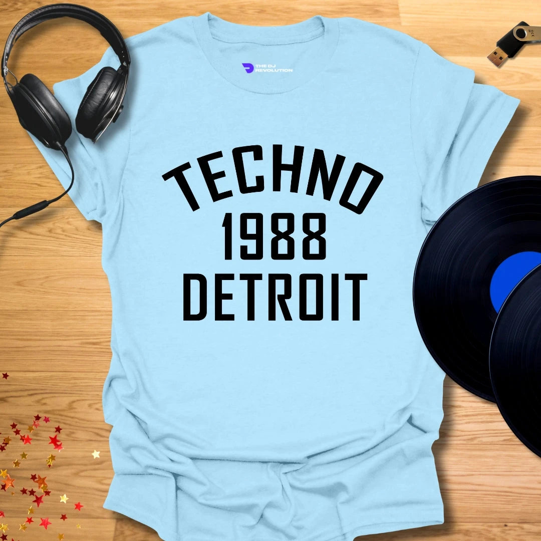 Men's fitted Techno T-Shirt '1988 Detroit' design in heather grey, front view