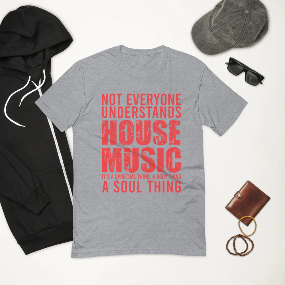 Men's Fitted House Music T-Shirt, 'House Music Lover' design in heather grey, front view