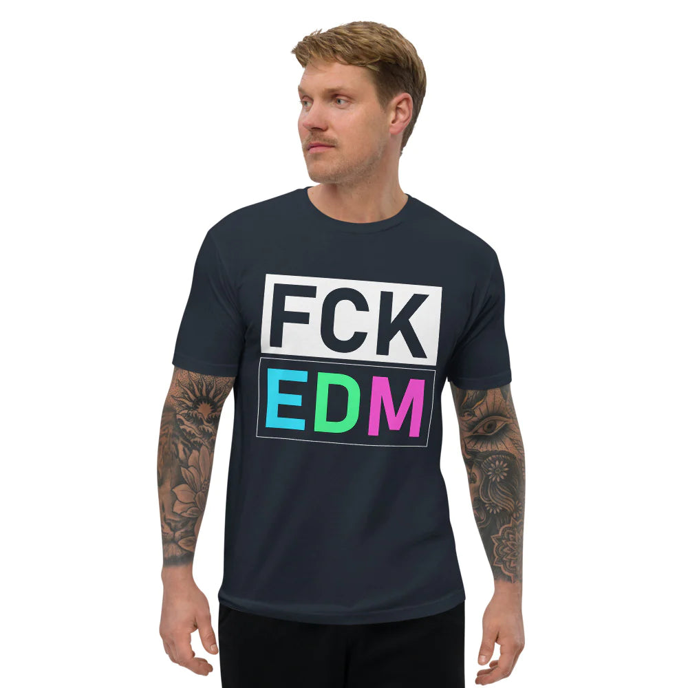 Men's fitted T-Shirt 'Fuck EDM' design in midnight navy, front view