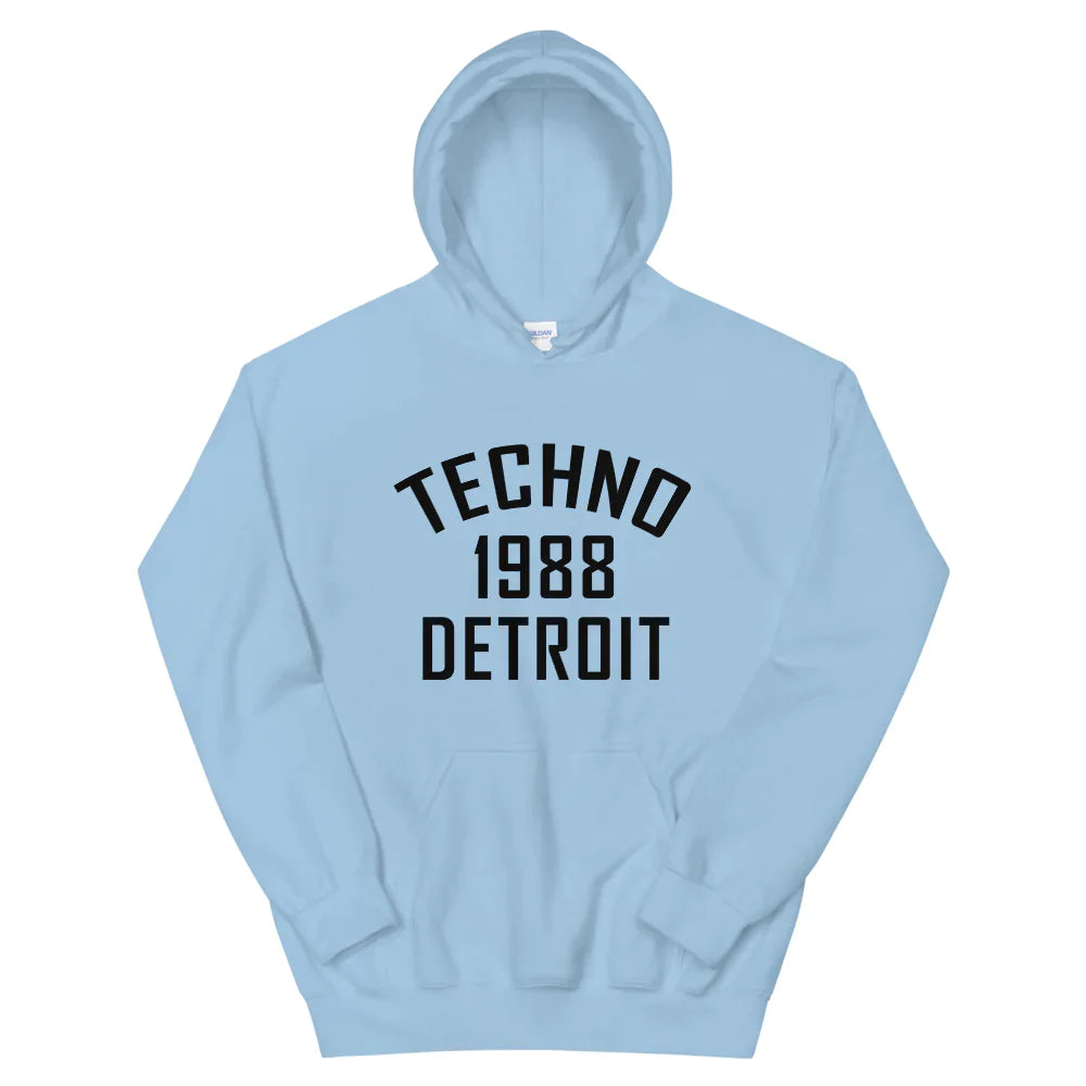 Unisex DJ Hoodie, 'Detroit Techno 1988' design in light blue, front view