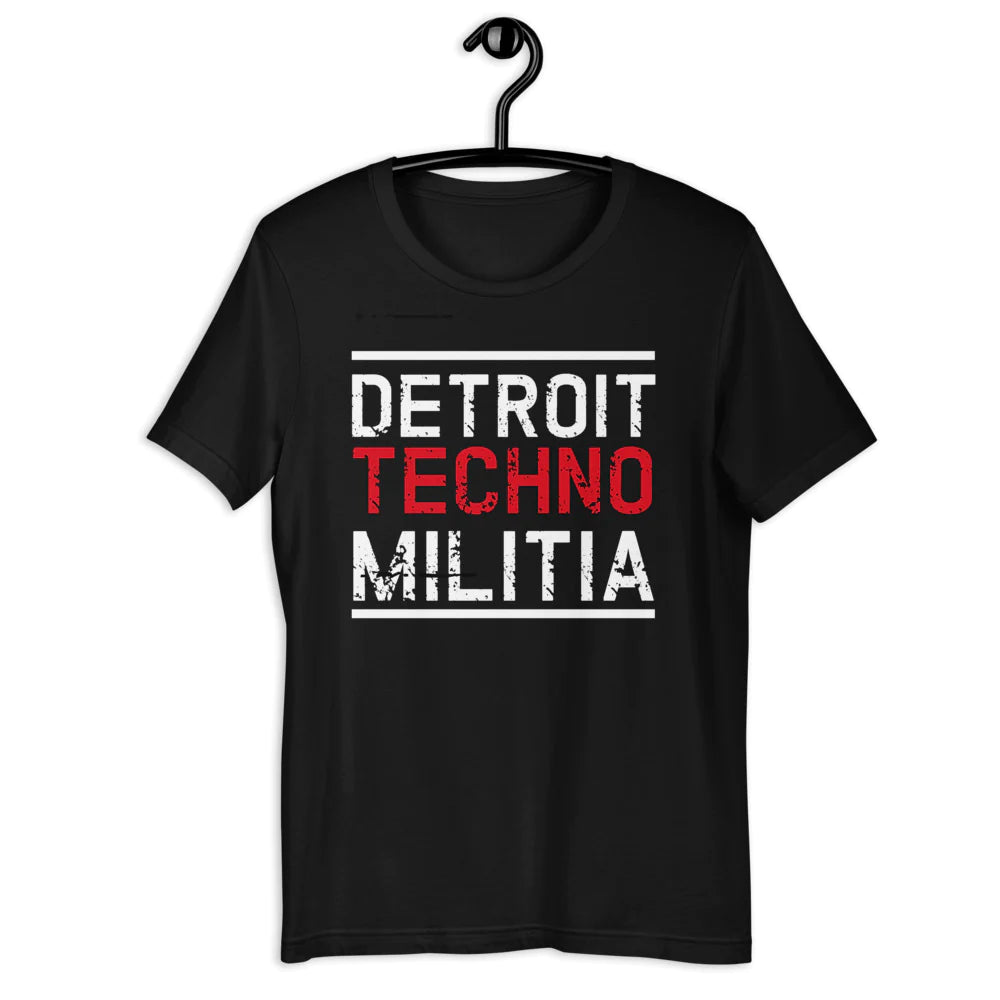 Unisex Techno T-Shirt 'Detroit Techno Militia' design in black, front view