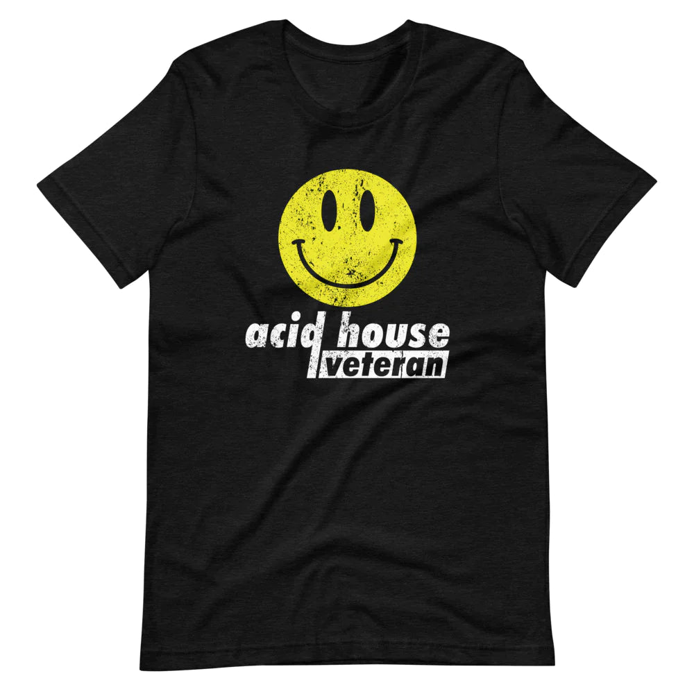 Unisex Acid House T-Shirt, 'Acid House Veteran' design in black, front view