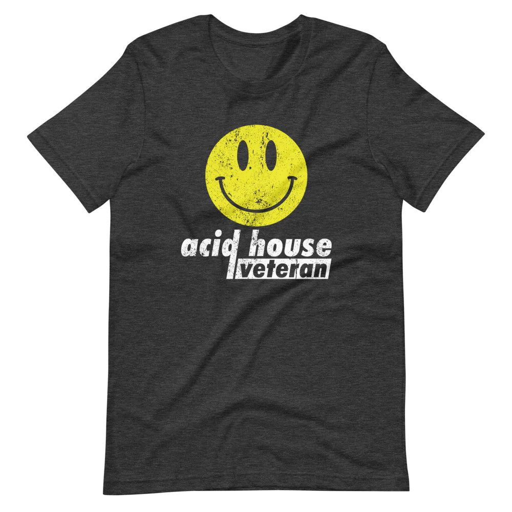 Unisex Acid House T-Shirt 'Acid House Veteran' design in dark grey heather, front view
