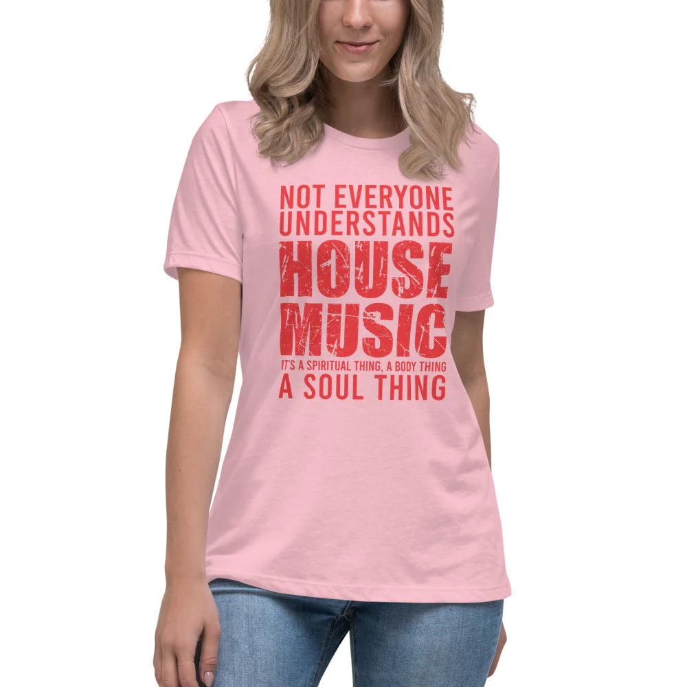 Women's relaxed fit House Music T-shirt 'House Music Lover' design in pink, front view