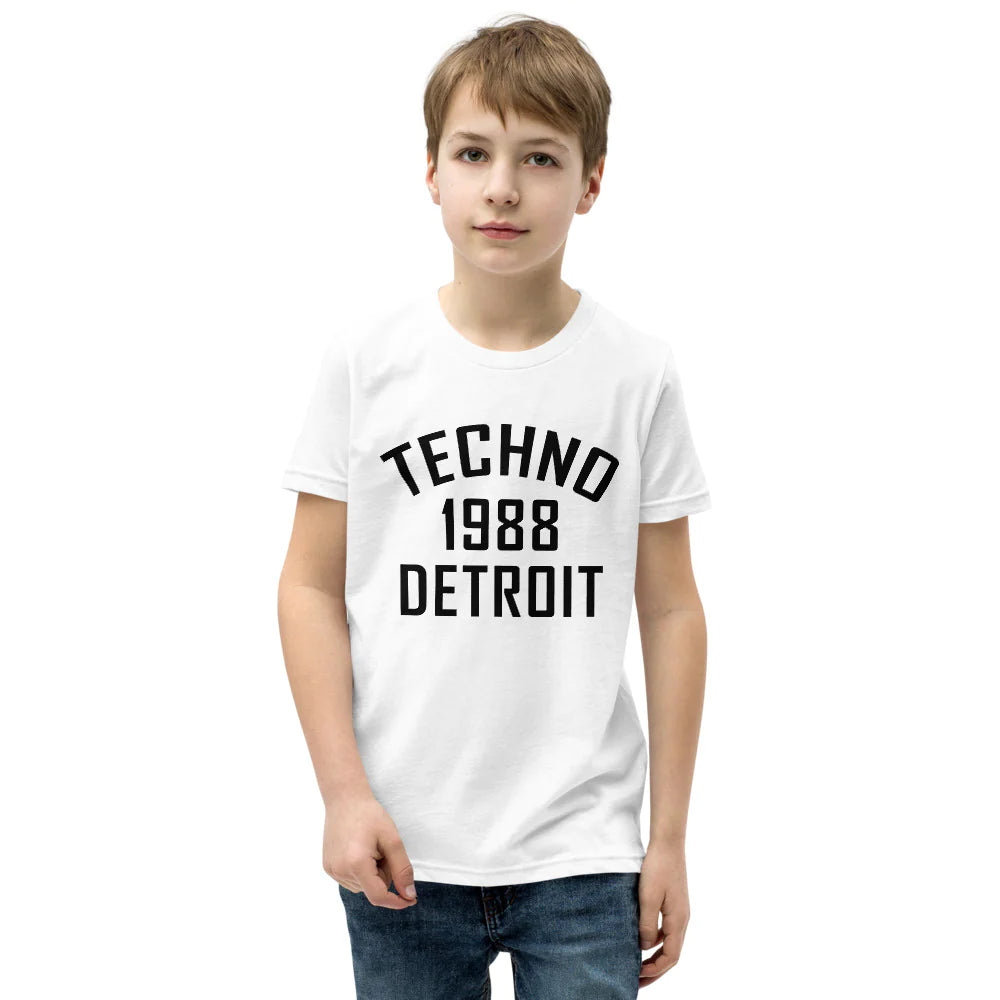 Youth's Techno T-Shirt, '1988 Detroit' design in white, front view