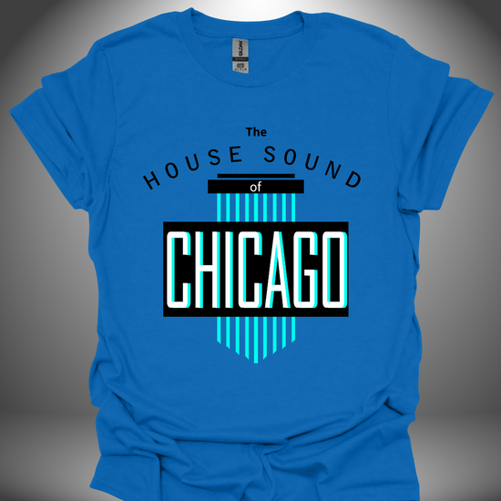 Unisex house music T-shirt, 'House Sound of Chicago' design in royal blue, front view