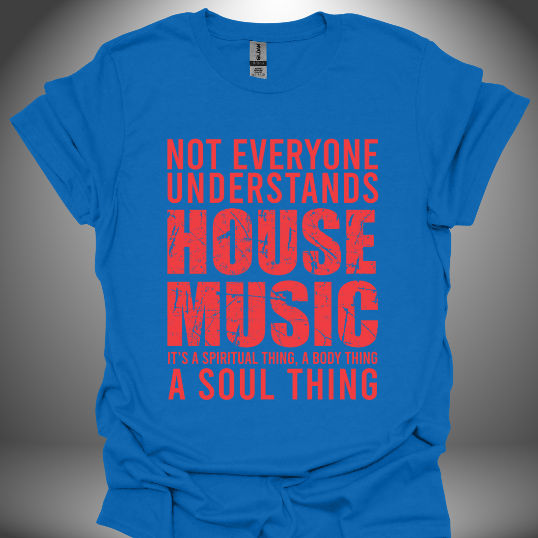 Unisex house music T-shirt, 'House Music Lover' design in royal blue, front view