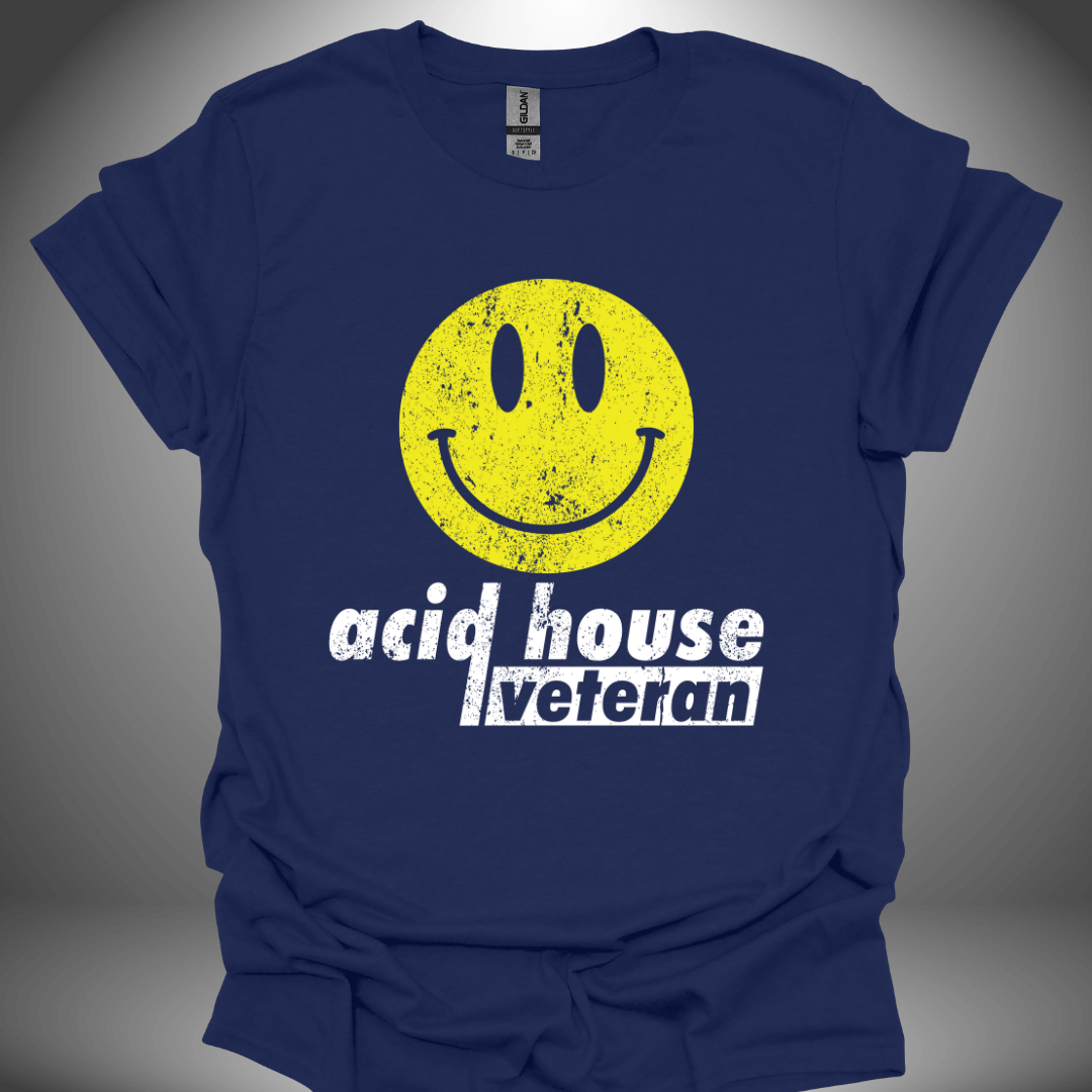 Unisex Acid House T-shirt 'Acid House Veteran' design in navy, front view