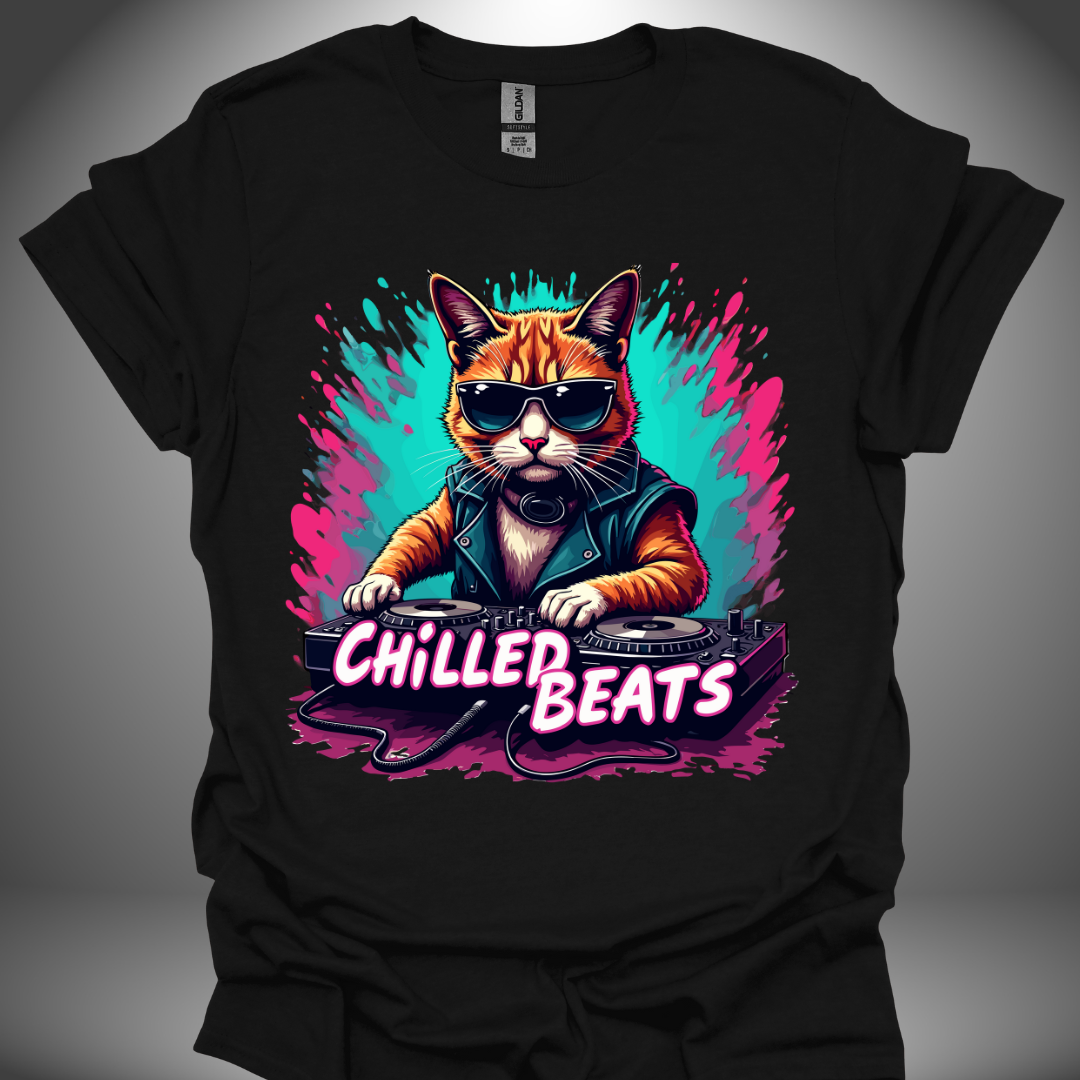 Unisex DJ T-shirt, 'Chilled Beats' design in black, front view