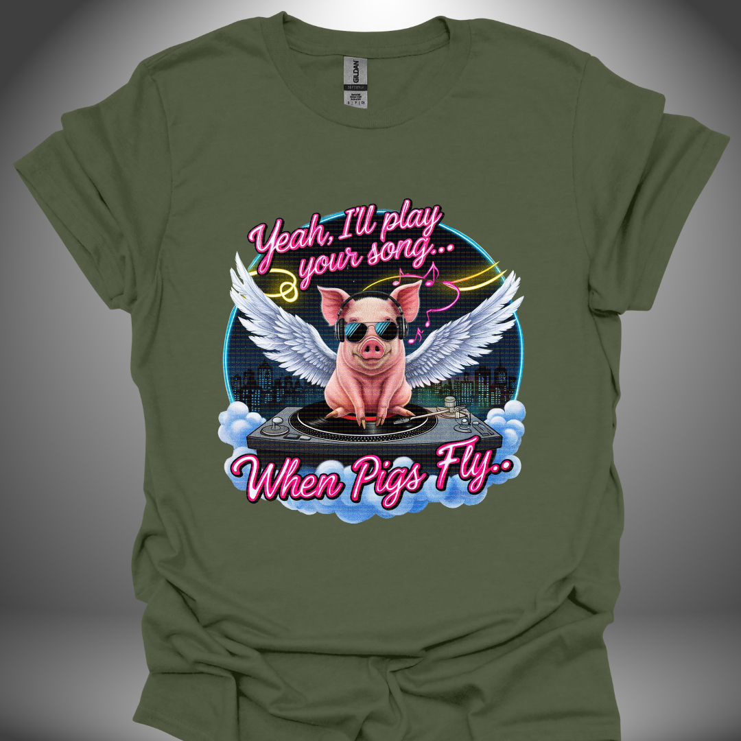 Funny DJ T-shirt, 'Pigs Fly' design in military green, front view