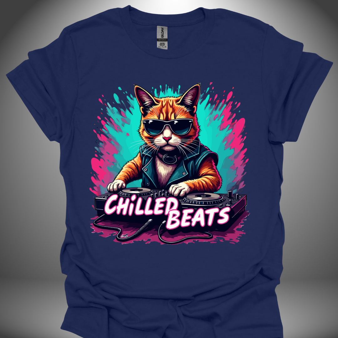 Unisex DJ T-shirt, 'Chilled Beats' design in navy, front view