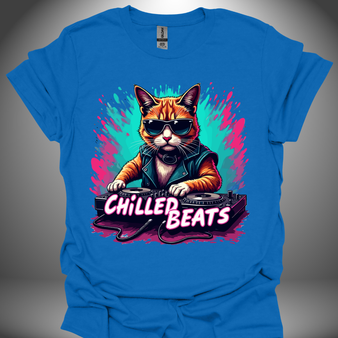 Unisex DJ T-shirt, 'Chilled Beats' design in royal blue, front view