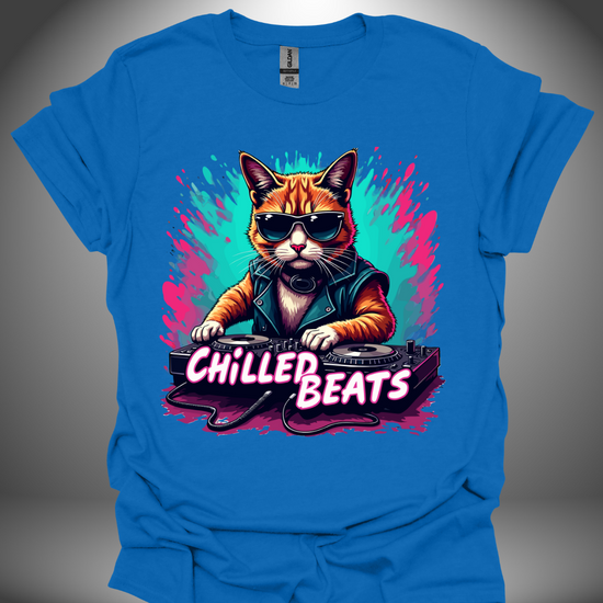 Unisex DJ T-shirt, 'Chilled Beats' design in royal blue, front view