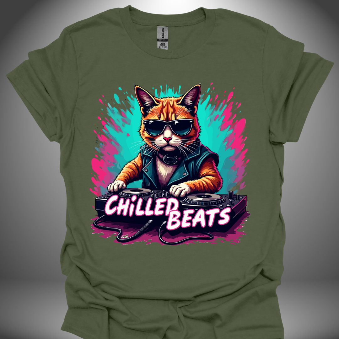 Unisex DJ T-shirt, 'Chilled Beats' design in military green, front view