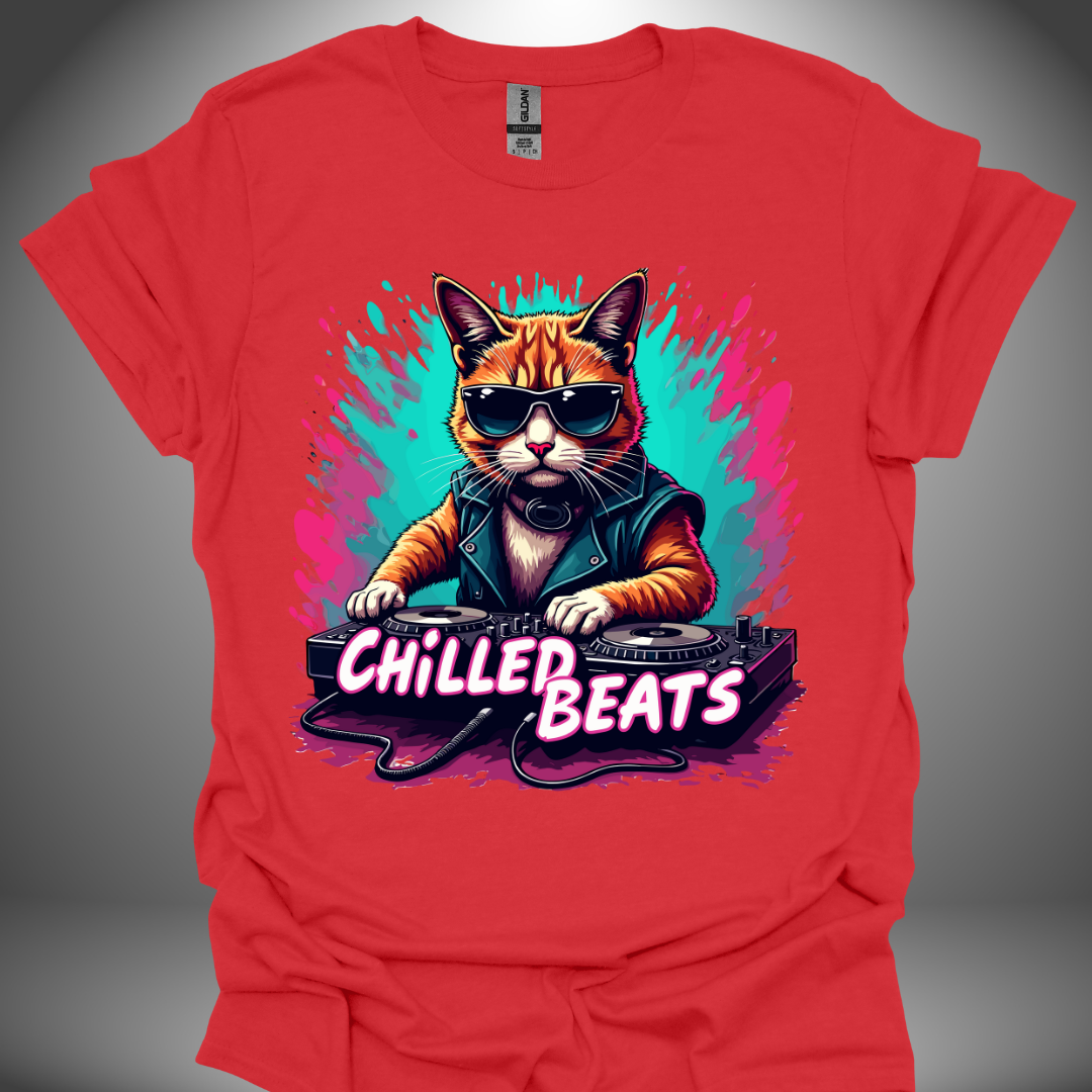 Unisex DJ T-shirt, 'Chilled Beats' design in red, front view