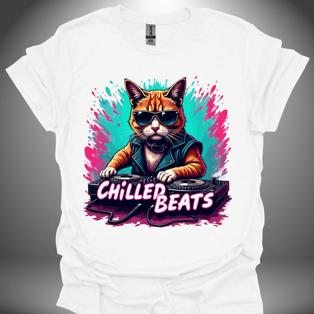 Unisex DJ T-shirt, 'Chilled Beats' design in white, front view