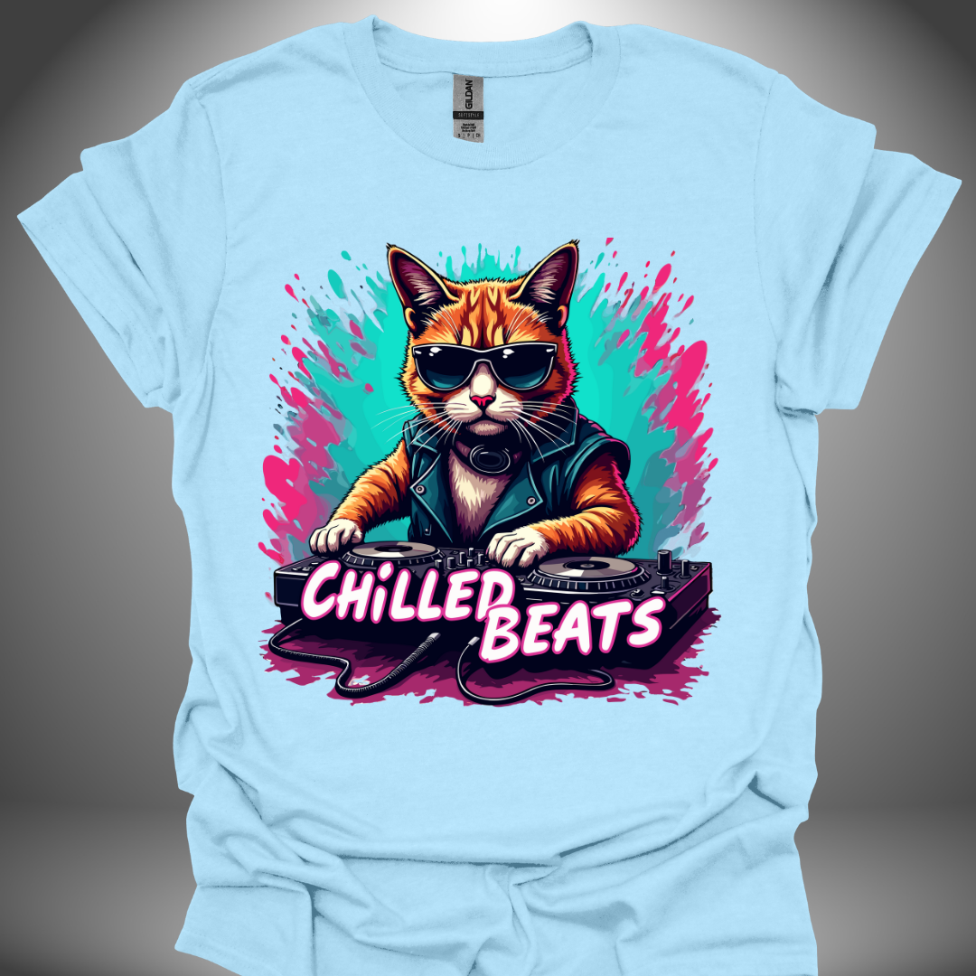 Unisex DJ T-shirt, 'Chilled Beats' design in light blue, front view