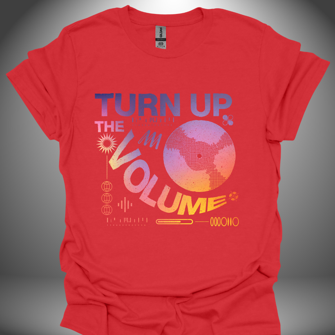 Unisex DJ T-shirt, 'Turn Up The Volume' design in red, front view