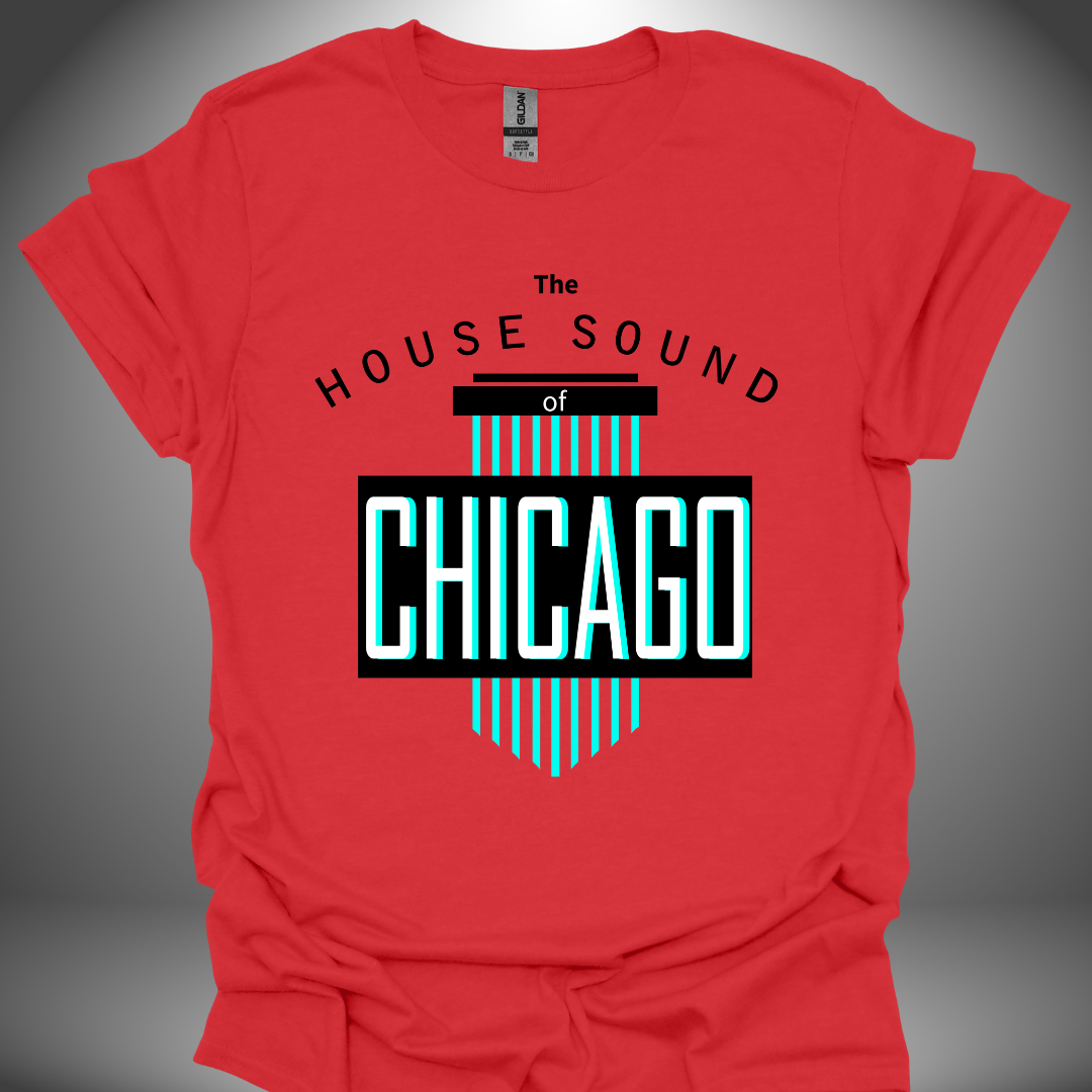 Unisex House Music T-shirt 'House Sound of Chicago' design in red, front view