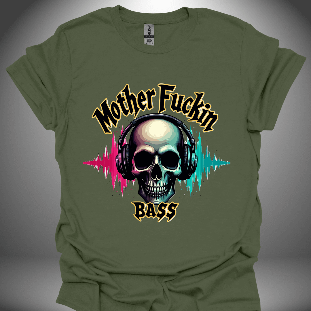 Unisex DJ T-shirt, 'Mother Fuckin Bass' design (colour version) in military green, front view