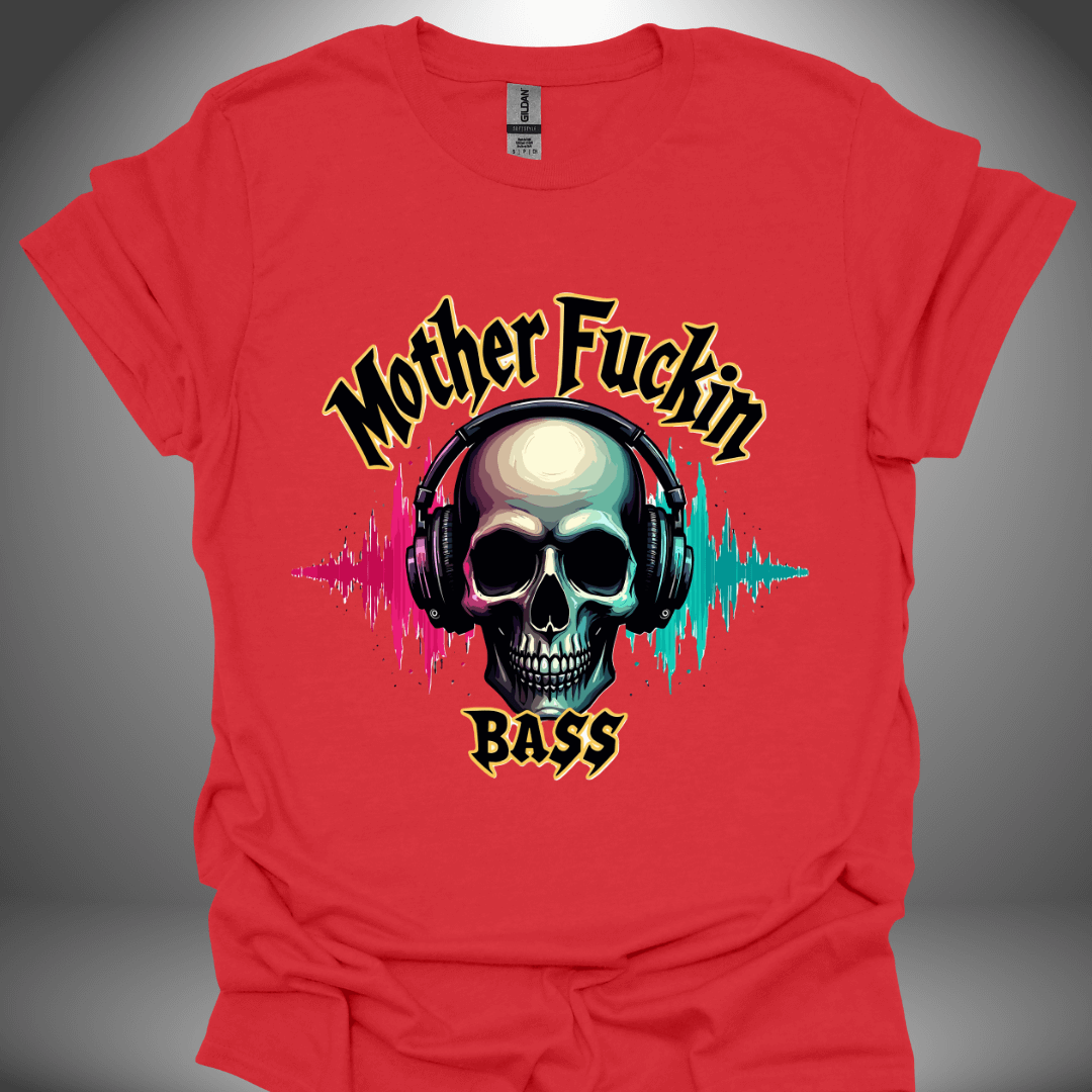 Unisex DJ T-shirt, 'Mother Fuckin Bass' design (colour version) in red, front view