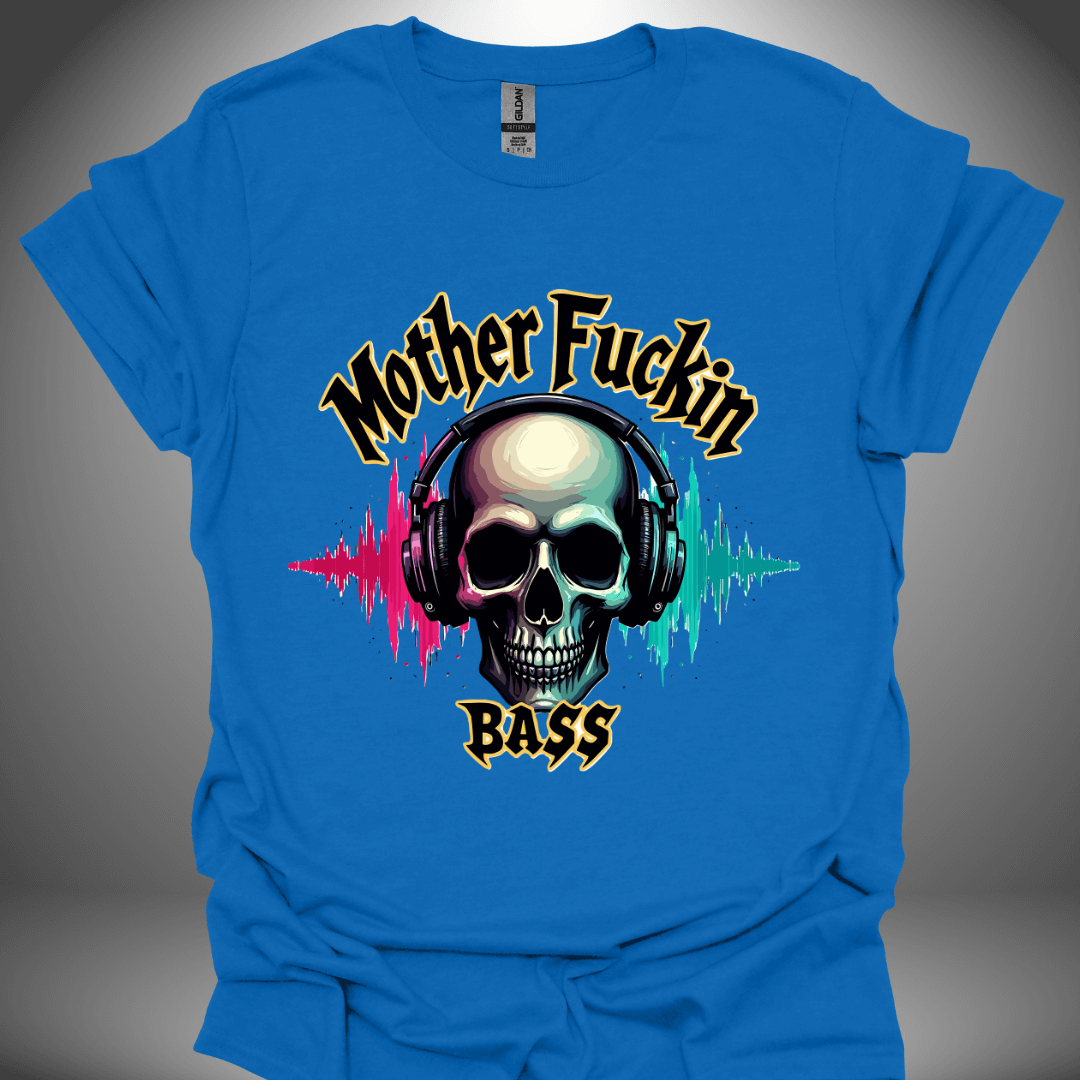 Unisex DJ T-shirt, 'Mother Fuckin Bass' design (colour version) in royal blue, front view