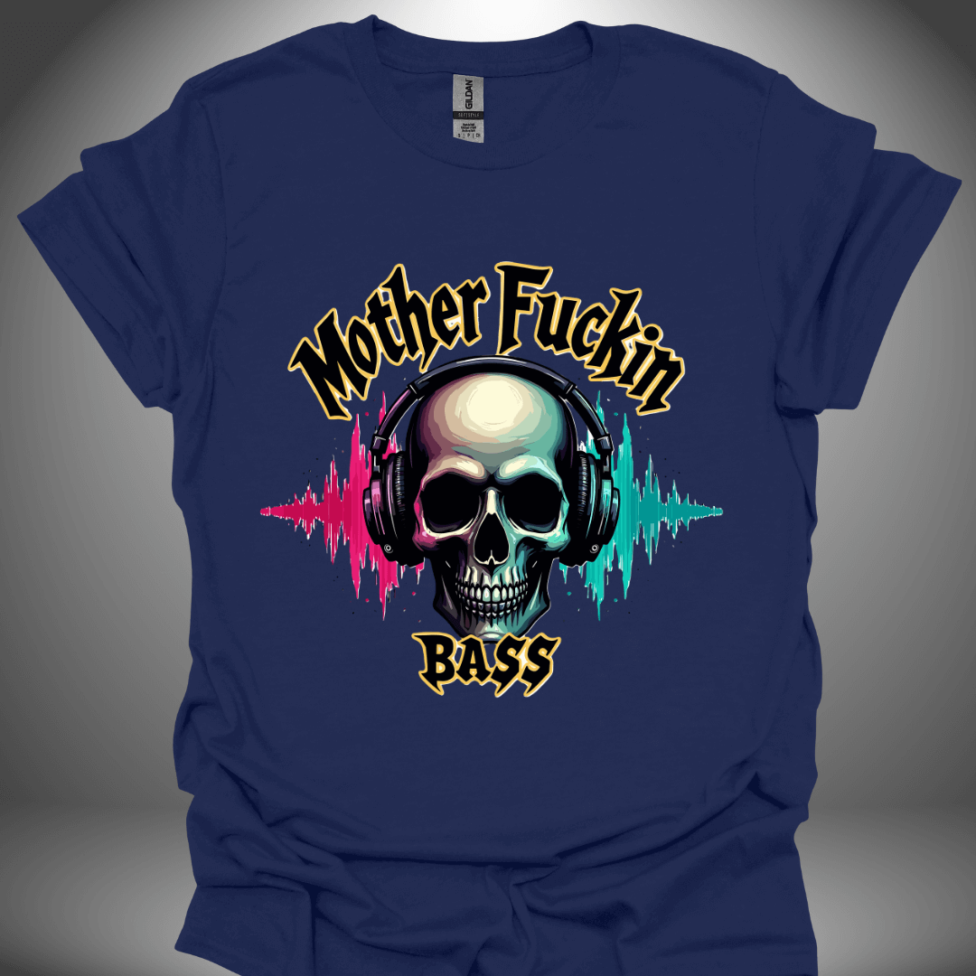 Unisex DJ T-shirt, 'Mother Fuckin Bass' design (colour version) in navy, front view