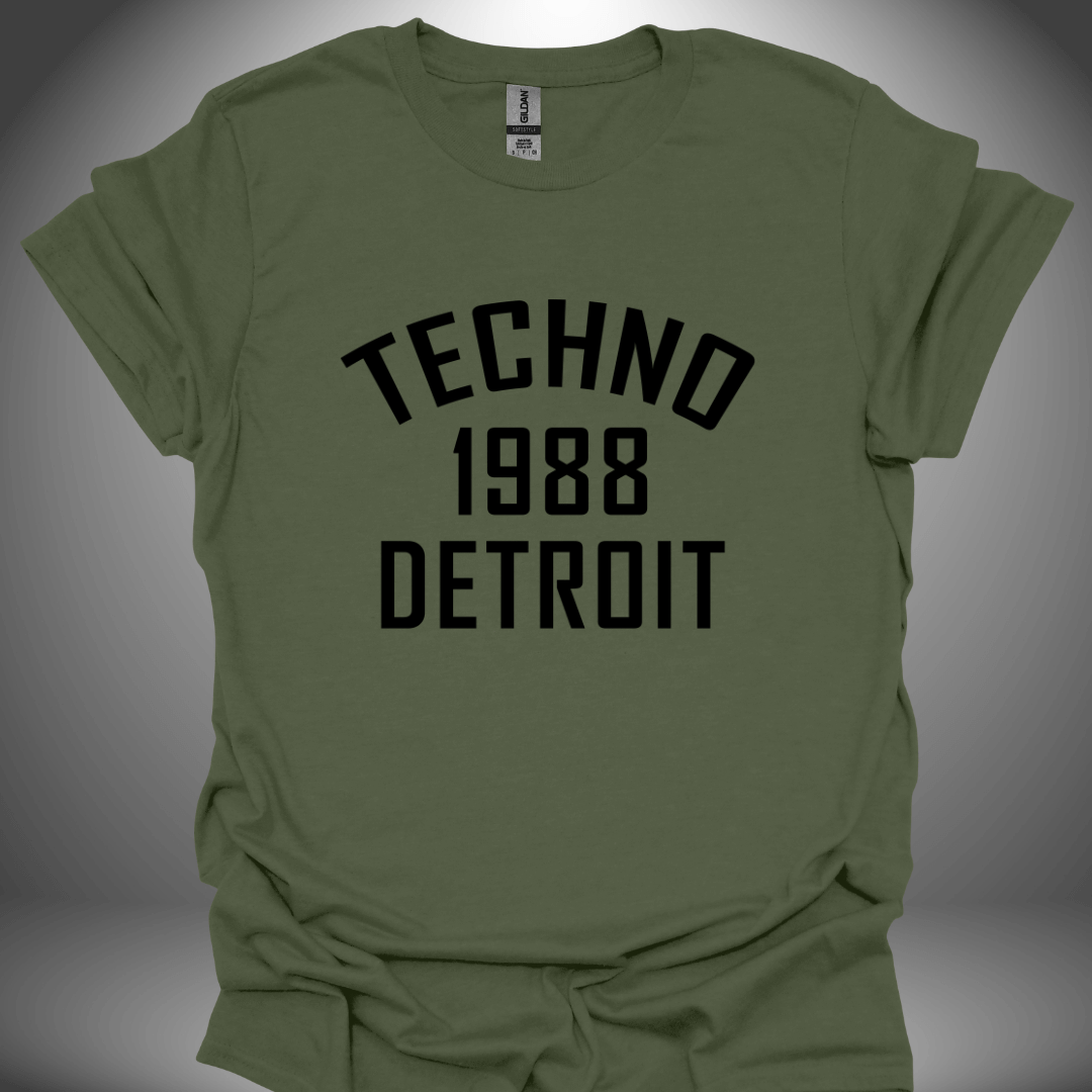 Unisex Techno T-shirt '1988 Detroit' design in military green, front view