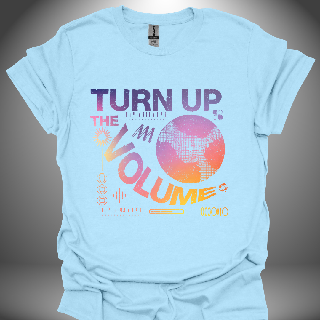 Unisex DJ T-shirt, 'Turn Up The Volume' design in light blue, front view