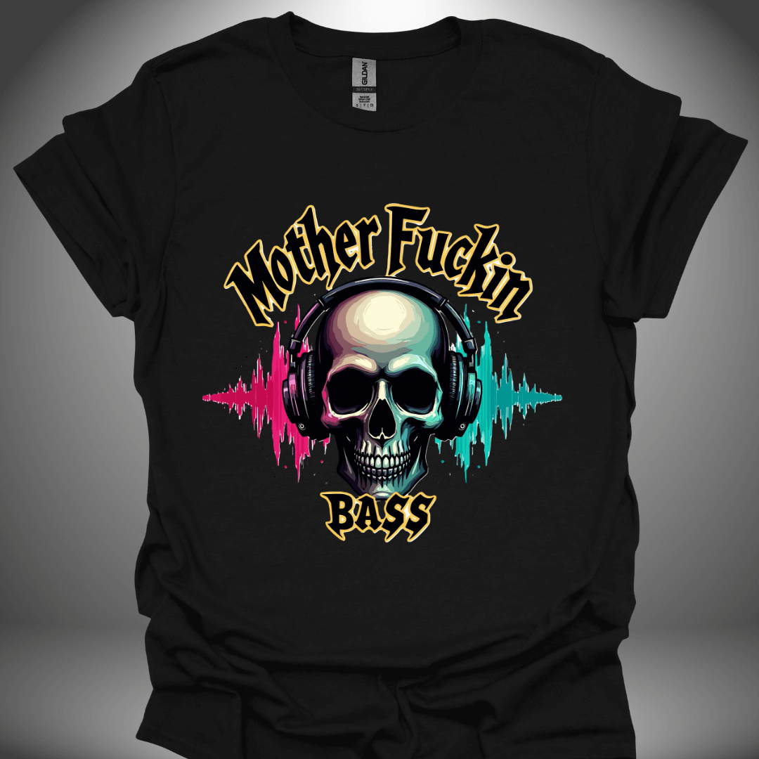 Unisex DJ T-shirt, 'Mother Fuckin Bass' design (colour version) in black, front view